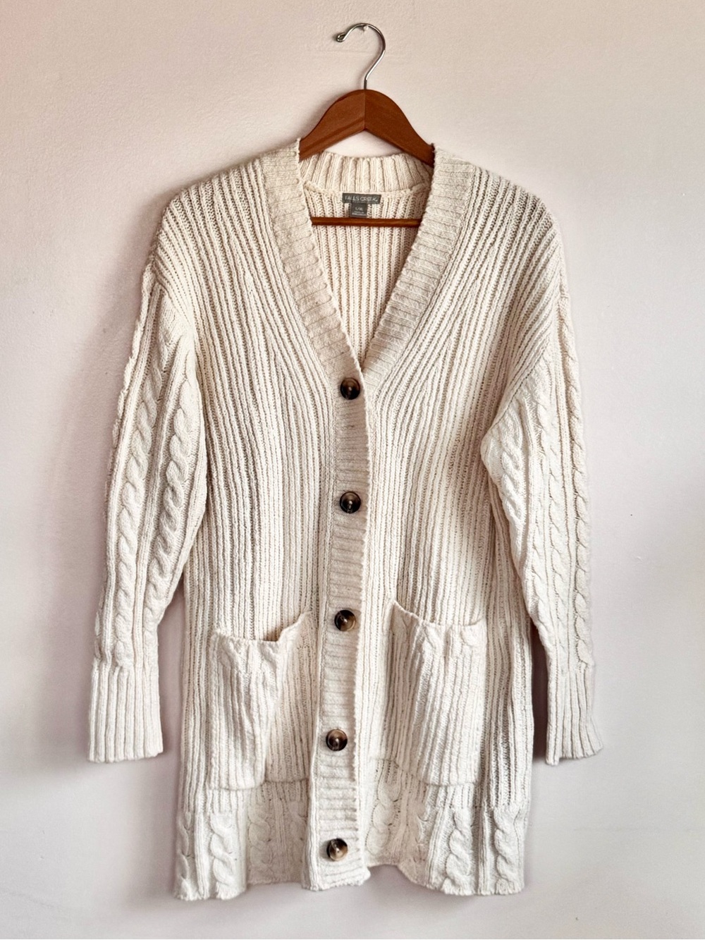 Light Cream Chunky Knit Long V-Neck Button Down Cotton, Wool Blend Cardigan L/XL